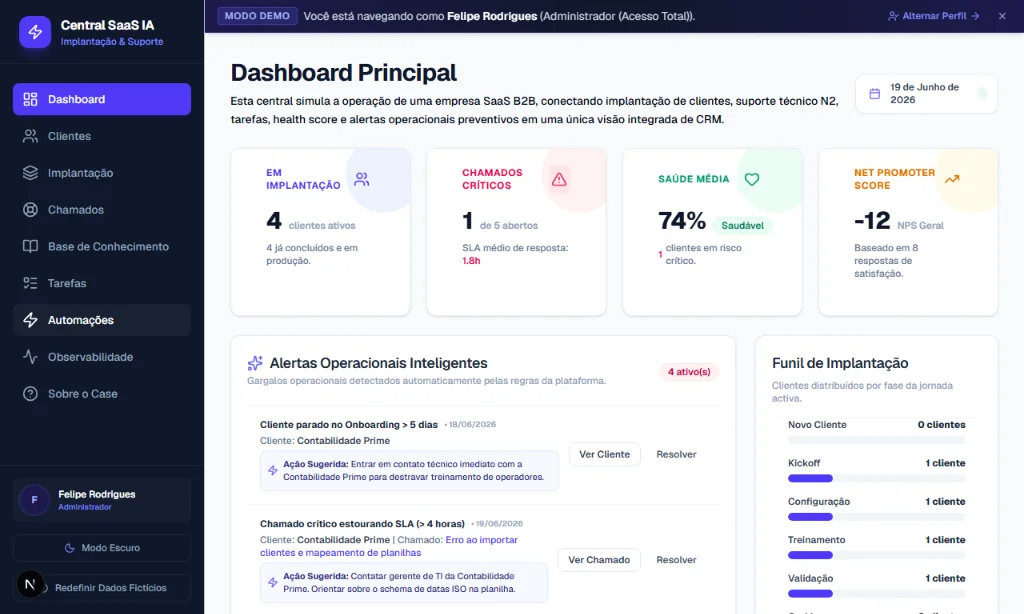 Captura da interface do projeto Central de Implantação e Suporte SaaS com IA