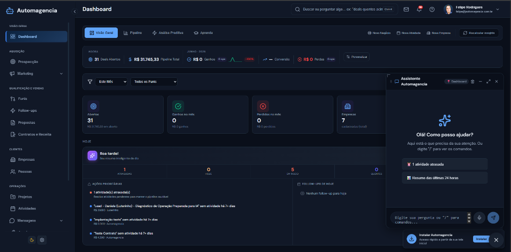 Mockup visual da interface do CRM Operacional com IA