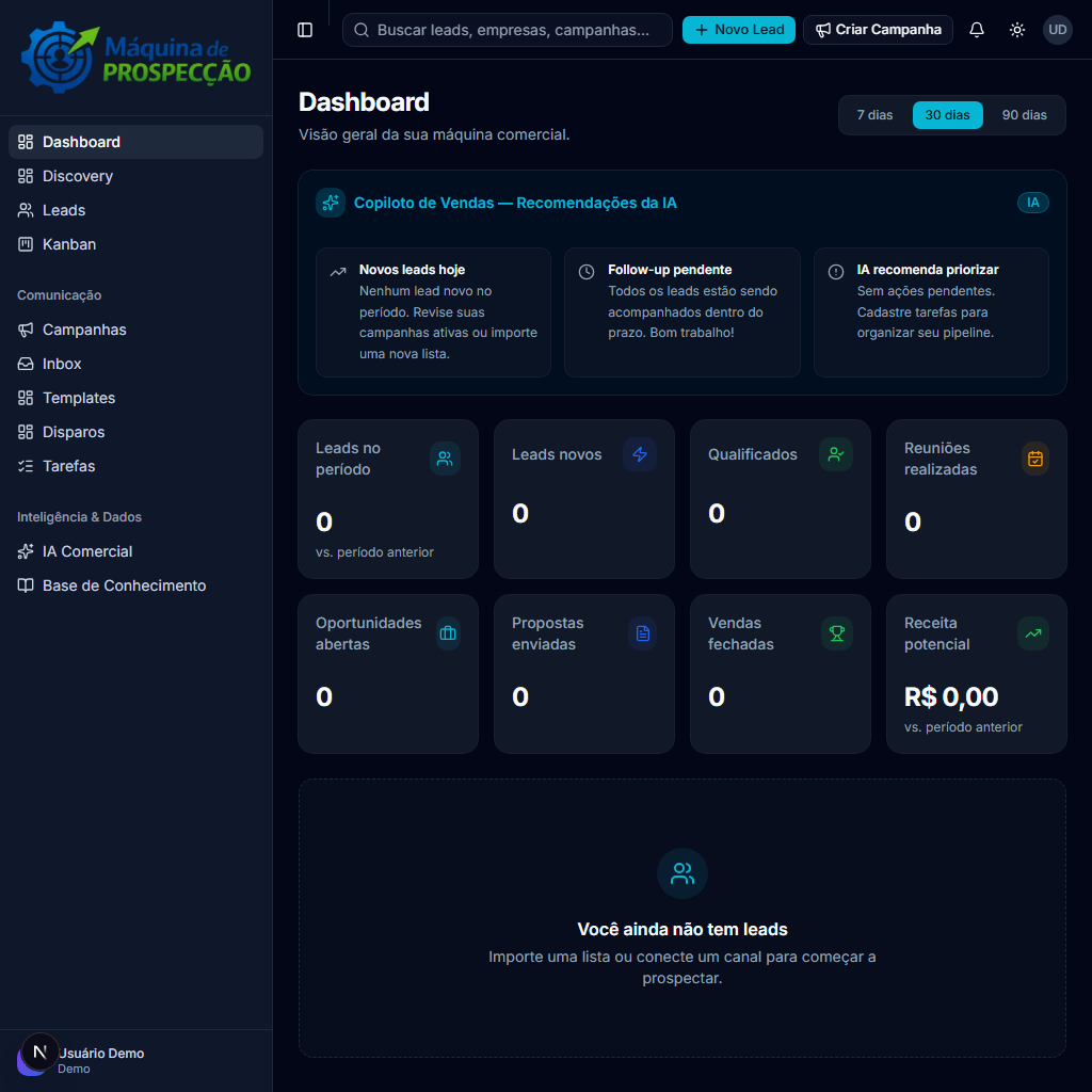 Mockup visual da interface do Máquina de Prospecção